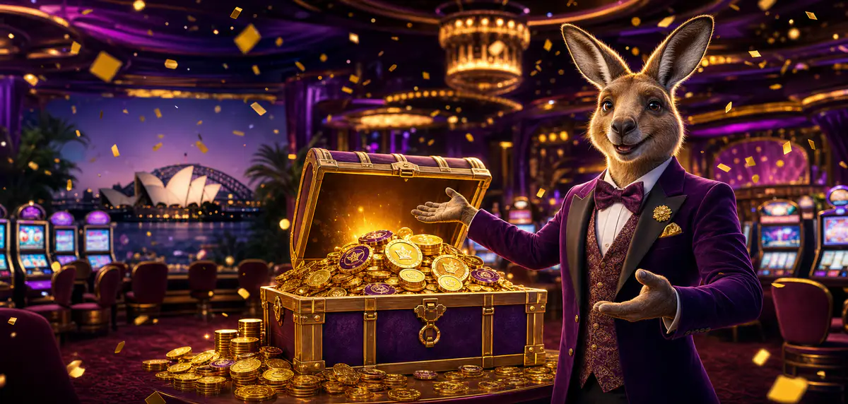 Claim Your Bonus Today at SafeCasino Australia Australian kangaroo casino host presenting a glowing welcome bonus chest